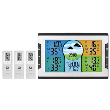 Digital Weather Station with 3 Remote Sensors 328ft/ 100m Indoor Outdoor Temperature Humidity Monitor Alarm Clock with Snooze Thermohygrometer with Weather Forecast/ Pressure/ Backlight/ Date/ Week/ A