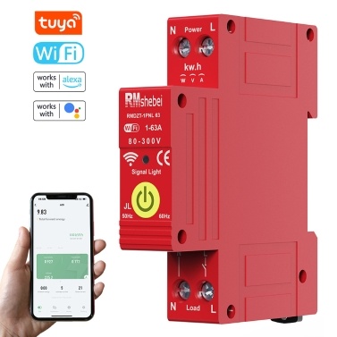 Tuya WiFi Intelligent Circuit Breaker 1P Reclosing Timer Din-rail Mounting Reclose Switch Automatic Automatic Reclosure Protector Mobilephone APP Control Compatible with Alexa and Google Assistant for