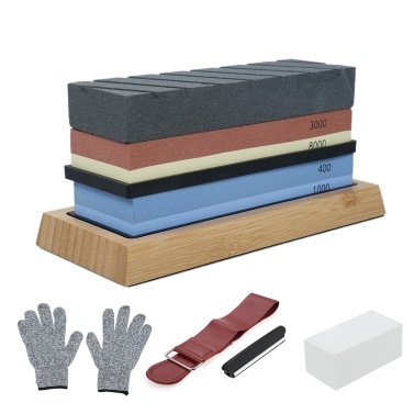 Complete Knife Sharpening Stone Set Dual Grit Whetstone 400/1000 3000/8000 Knife Sharpener Knife Sharpener Tool with Leather Strop Flattening Stone Bamboo Base 2 Non-slip Rubber Bases & Angle Guide