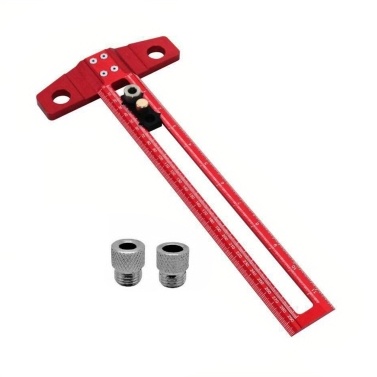 2 in 1 Woodworking Scriber Multifunctional Drilling Positioning Ruler Aluminum Alloy T-Shape Marking Tool Metric/Imperial Scale with 6/8/10mm Drilling Bushings for Carpentry