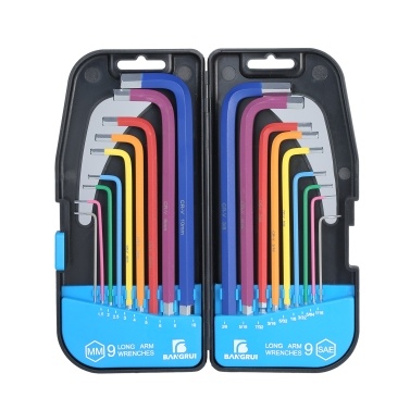 18PCS Ball End Hex Key Wrench Set Multicolor Long Arm Metric & SAE Wrenches Industrial Grade Chrome Vanadium Steel  Hex Key Allen Wrench with  Holding Case