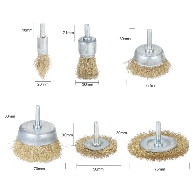 6pcs Brass Coated Wire Brush Wheel and Cup Brush Set with 1/4-Inch Shank 6 Sizes Coated Wire Drill Brush Set Perfect For Removal of Rust Corrosion Paint Universal Fit for Power Drill