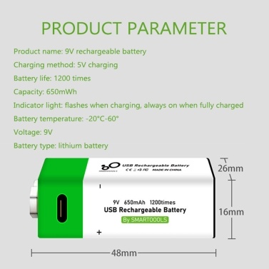 Type-C Port Rechargeable 9V Lithium Battery 650mAh High Capacity Constant Voltage Quick Recharge Environmental Friendly Utility Reusable Battery for Microphone Guitar
