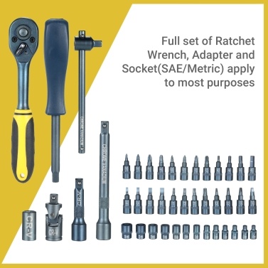 Mechanics Tool Set 1/4-Inch Drive CV-R Socket Wrench Ratchet Extension Adapter with S2 Steel Torx Hex Slotted Phillips Pozi Screwdriver Bit and Storage Case for Auto Repairing Metric 69 Piece