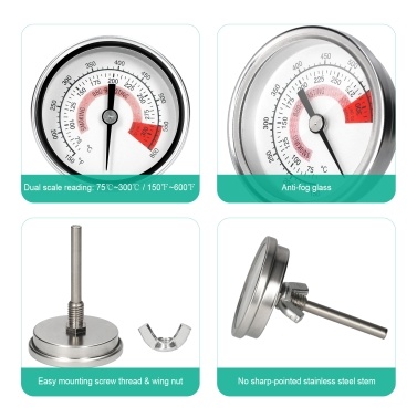 Stainless Steel Bi-Metal Dial Thermometer 75-300℃ / 150-600℉ Dual Scale 2.2 Inch Dial 2.6 Inch Stem Length Thermometer Gauge for Boilers Pipes Industry BBQ