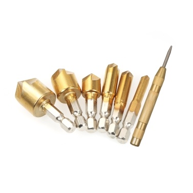 KKmoon 6pcs 90 Degrees Five Blade High Carbon Steel 1/4-inch Hexagonal Shank Five Edge Chamfer Countersink Set 6mm 8mm 9mm 12mm 16mm 19mm with Center Punch