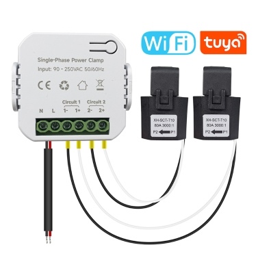 Tuya Wifi Single-phase Energy Meter 80A with CT Clamp Cellphone App Kwh Power Consumption Monitor Electricity Statistics 90- 250VAC 50/60Hz (2pcs CT)