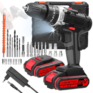 Household 3in1 Multifuctional Electric Drill Handheld Lithium Screwdriver 21V Impact Drill Brushed Motor 2 Speeds Control Stepless Speed Regulation Rotation Ways Adjustment 25 Gears of Torques Adjusta