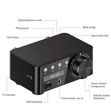 HIFI BT5.0 Digitalverstärker Mini Stereo Audio Amp 100W Zweikanal Sound Power Audio Receiver Stereo AMP USB AUX für Heimkino USB TF Kartenspieler Schwarz