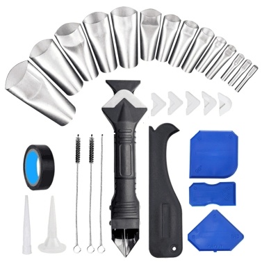 KKmoon 31 PCS Caulking Nozzle Applicator Finishing Tool with Nozzles and Tape Caulk Remover Tool Kit 3 in 1 Metal Scraper with 6 Silicone Pads Grout Angle Scrapers for Kitchen Bathroom Door Window Sink Tile