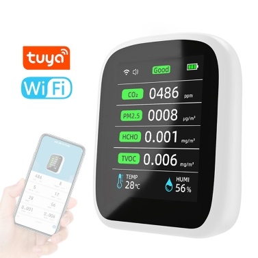 Tuya Wifi Portable Air Quality Meter 8in1 PM1.0 PM2.5 PM10 CO2 TVOC HCHO Temperature and Humidity Tester LCD Color Screen Carbon Dioxide Detector with Time and Date Display Function