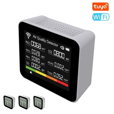20 in 1 Tuya WIFI Intelligent Air Quality Monitor Indoor CO2 Detector CO/CO2/TVOC/HCHO/PM2.5/PM1.0/PM10/Temperature/Humidity/Time/Date/Alarm Support Remote APP Control Alarm Function for Home Office (