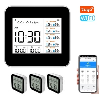 13 in 1 Tuya WIFI Intelligent Thermometer Hygrometer Indoor Accurate Temperature Humidity Gauge Monitor with Time/Calendar/Alarm Display Support Remote APP Control for Home Office