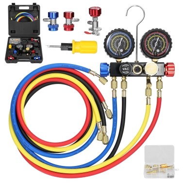 Manifold Gauge Set Air Conditioning Refrigerant Charging Tool 4-Way Dual-Value Pressure Gauge with 5ft Hose Brass Quick Coupler Adapters for R22/R134a/R410a Refrigerant