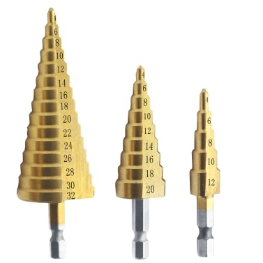 3pcs HSS Step Drill Bit Set 4-32mm 4-20mm 4-12mm Straight Groove Step Drill Bit Titanium Coated Wood Metal Hole Cutter Core Drill Bit Set Metric
