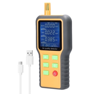 Household Air Quality Detector Multifunctional T/H Sensors CO2 Tester LCD Display with Backlit Carbon Dioxide TVOC HCHO Value Temperature Humidity Detect Self-calibration with Alarm Function