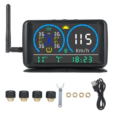 Tire Pressure Monitoring System with 4 Sensors 4 Alarm Modes with Solar-Powered GPS Hourly Positioning System Signal Booster Solar RV TPMS for RV Light Trucks and Small Cars