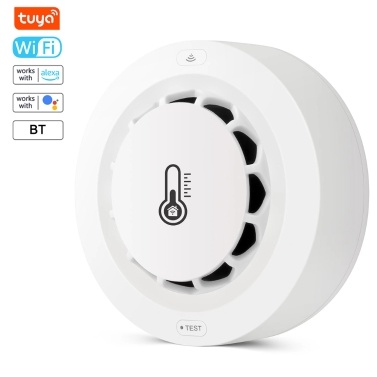 Tuya Wifi BT Two Connection Smoke Detector Temperature Humidity Measurement Device 80dB Sound Alarm with Cellphone APP Remote Push Alert Function Compatible with Alexa and Google Home Voice Control