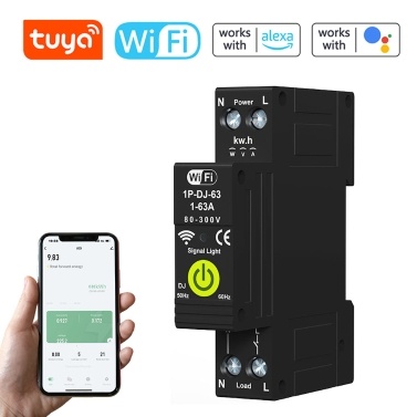 Tuya WiFi Intelligent Circuit Breaker ON OFF Timing Photovoltaic Bidirectional Metering Energy Meter Automatic Reclosing Protector with Metering and Prepaid Function Compatible with Alexa and Google A