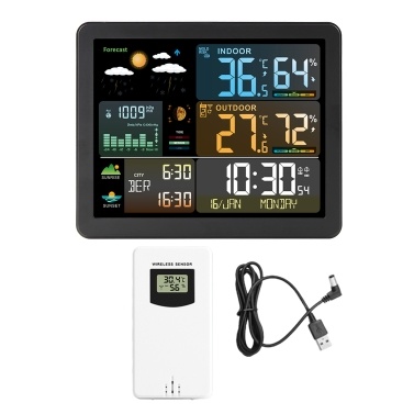 FJ3566M Smart Weather Station Clock Indoor and Outdoor Temperature & Humidity Meter Large Color Screen Weather Clock with 1 Sensor(Support up to 3 Sensers)