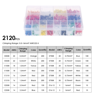 2120PCS Wire Copper Crimp Connector Insulated Cord Pin End Terminals AWG22-5 Electrical Wire Connector