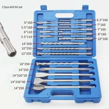 17pcs Drill Bits Set Electric Hammer Drill Bit Chisel Hole Cutter Drilling Grooving Tools with Plastic Box