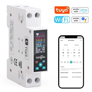 tongou Tuya Wifi 35mm DIN RAIL Switch Intelligent Meter Circuit Breaker LED Energy Meter KWh Power Timer Relay APP Control  with Metering and Prepaid Function Compatible with Alexa and  Assistant for 