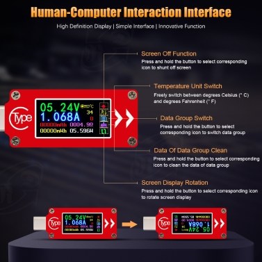 TC64 Type-C Color LCD Display USB Voltmeter Ammeter