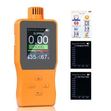 O3 Ozone Detector Analyzer Portable Outdoor Indoor Air Quality Meter Multifunctional Air Quality Monitor Temperature Humidity Gauge with Full Color LCD Screen Adjustable Alarm Threshold