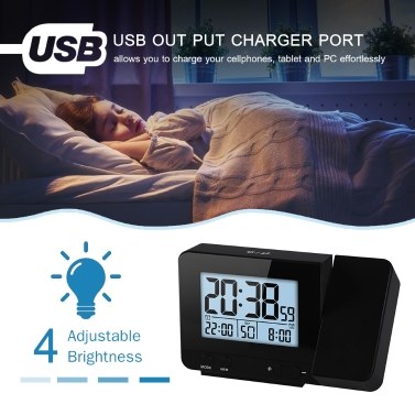 Projection Alarm Clock for Bedroom with Thermometer Hygrometer Digital Project Ceiling Clock Dimmable LED Display with USB Charger 180°Rotable with Dual Alarms 12/24H Snooze
