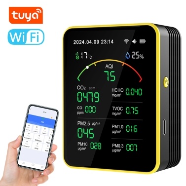 Tuya WiFi15in1 Air Quality Detector Household Portable AQI PM0.3 PM1.0 PM2.5 PM10 CO CO2 TVOC HCHO Tester TFT Display Multifunctional Time Temperature and Humidity Test Meter Versatile Time Clock Time