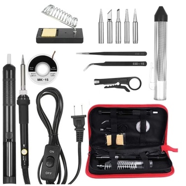 14 in 1 Soldering Iron Kit 60W Adjustable Temperature Welding Soldering Iron with ON/OFF Switch 5pcs Soldering Tips Solder Sucker Desoldering Wick Solder Wire Anti-static Tweezers Iron Stand with Clea