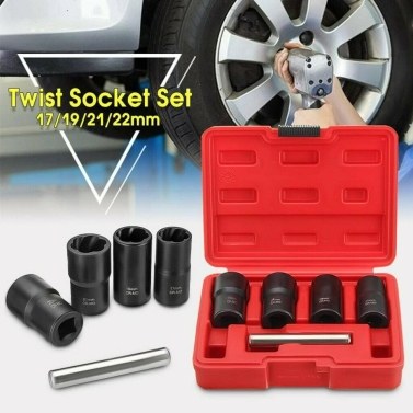 5Pcs/Set Twist Socket Kit 4 Damaged Worn Lug Nut & Lock Remover 17/19/21/22mm (Red)