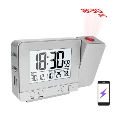 Projection Alarm Clock for Bedroom with Thermometer Hygrometer Digital Project Ceiling Clock Dimmable LED Display with USB Charger 180°Rotable with Dual Alarms 12/24H Snooze