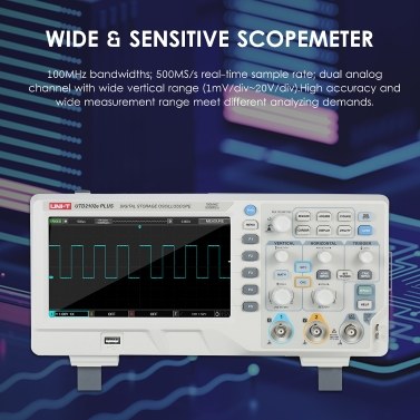 UNI-T 2-CH Digital Oscilloscope with 7-inch LCD Display Scopemeter with 100MHz Bandwidth 2 Channels 500MS/S Real Time Sample Rate 64kpts Depth Storage EU Plug