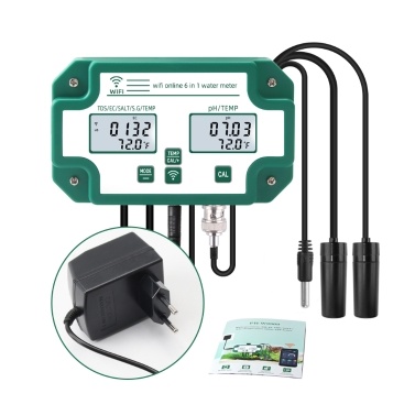 6 in 1 Water Quality Tester Tuya WiFi Multi-Parameter Water Quality Monitor Digital PH/Total Dissolved Solids/EC/SG/Salt/Temp Meter for Aquarium Aquaculture Swimming Pool