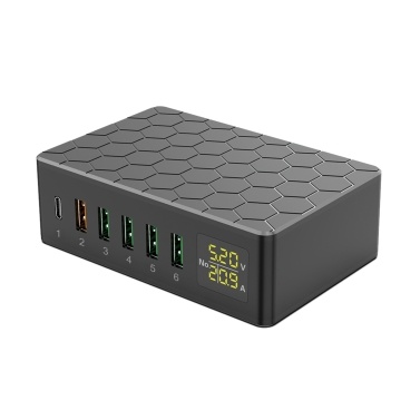 USB Charging Station 6-Port 65W QC3.0 USB Charger Station Multi Ports USB-A Charging Hub with LED Display Compact Desktop Charger for Multiple Devices