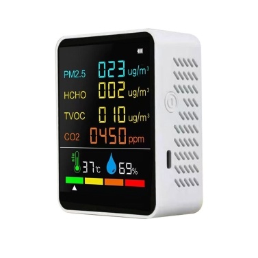Household Air Quality Detector Multifunctional CO2 Tester with Carbon Dioxide PM2.5 TVOC HCHO Value Electricity Quantity Temperature Humidity Display Backlit LCD Color Screen Self-calibration with Ala