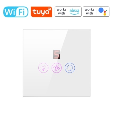 Tuya WiFi Intelligent Touched Screen Fan Light Switch Speed Adjustable Fan Light Switch Mobilephone Voice Control Fan Light Switch Compatible with Alexa and Google Home
