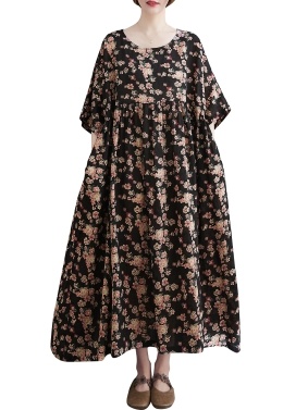 Women Loose Dress with Pockets Vintage Printed Half Sleeve Casual Holiday Beach Dress
