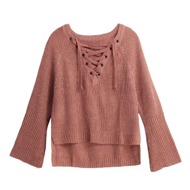 Autumn Winter Women Sweater Flare Sleeve Lace Up V-Neck Pullover Jumper Knitted Top