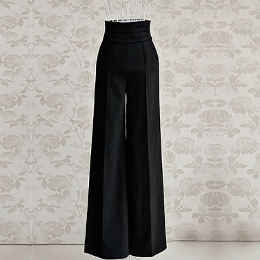 Vintage Women Loose Trousers Zipper High Waist Pocket Front Flare Wide Leg OL Career Pants Black