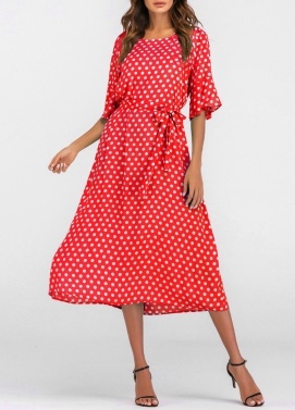 New Vintage Polka Dot Print Loose Dress O Neck Tie Waist Flare Half Sleeve Beach Bohemian Long Dress