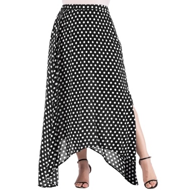 Vintage Women High Waist Polka Dot Maxi Dress Side Slit Asymmetric Hem Summer Retro Long Skirt