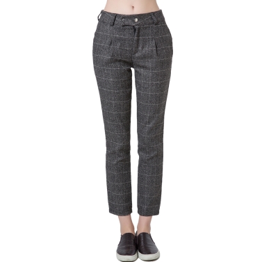 Casual Women Plaid Print Press Stud Closure Slant Pocket Pants