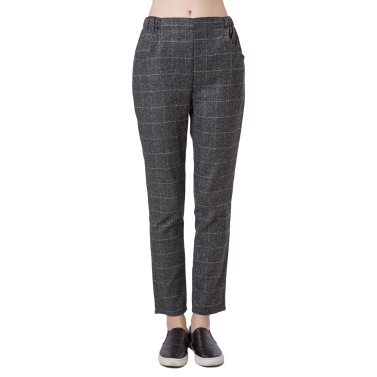 Casual Women Harem Pants with Plaid Tartan Elastic Waist Pockets Pants