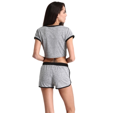 Women Sport Yoga Two-Piece Set Crop Top Shorts O-Neck Short Sleeves Elastic Waist Casual Sportswear Top Trousers