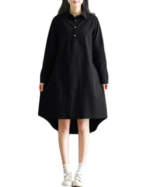 Fashion Plus Size Maxi Cotton Dress Turn-down Collar Button Hi Low Hem Long Sleeves Robe Loose Dress Green/Black