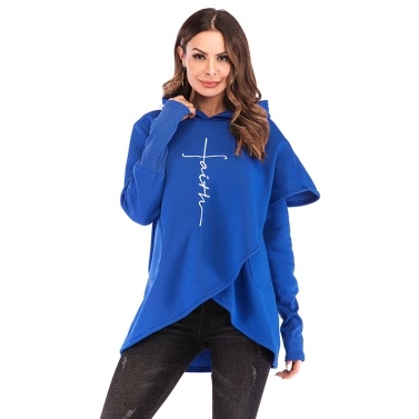 Fashion Women Hoodie Faith Letter Print Asymmetric Casual Loose Coat Pullover Sweatshirts Hooded Tops
