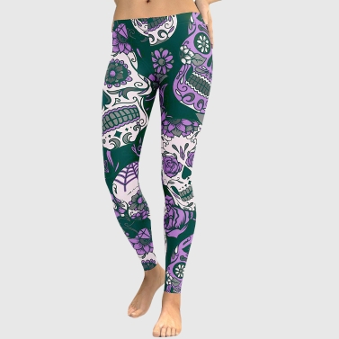 Sexy Women Yoga Sports Leggings Floral Skull Head Diamond Print High Waist Workout Running Skinny Slim Fitness Pants